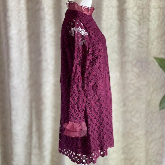 NWT Lulus Burgundy Maroon Lace Mini Dress Chiffon Ruffle & Collar Detail Size‎ S - Picture 6 of 12